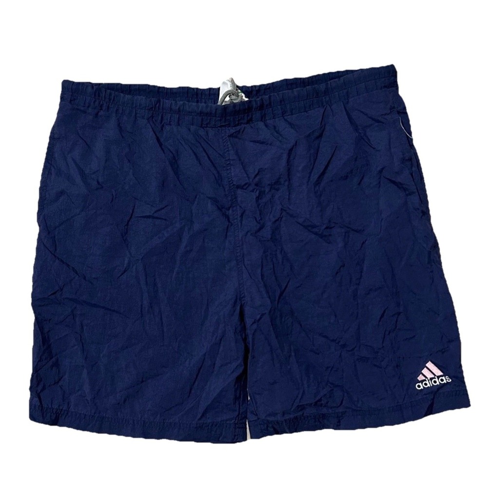 Vintage Adidas Mens Navy Blue Nylon Mesh Lined Swimming Shorts Pink Logo Size M
